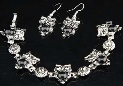 2015 New Charms Owl Natural Black Stone Antique Silver P Earrings Necklace Bracelet Vintage Womens Jewelry Set 1093