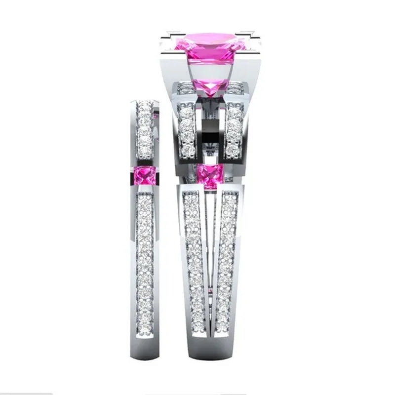 HOT 2 PC Silver Plated Pink Sapphire & Lab Diamond Wedding Ring US Size 6 7 8 9 10