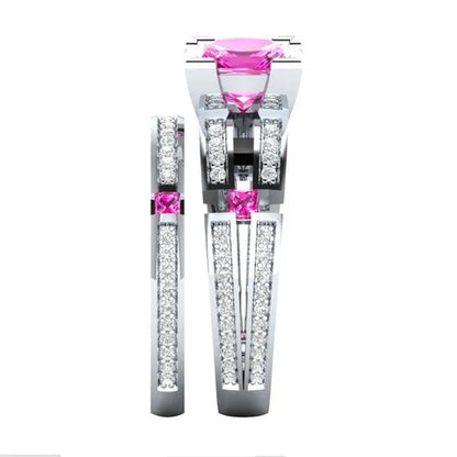 HOT 2 PC Silver Plated Pink Sapphire & Lab Diamond Wedding Ring US Size 6 7 8 9 10