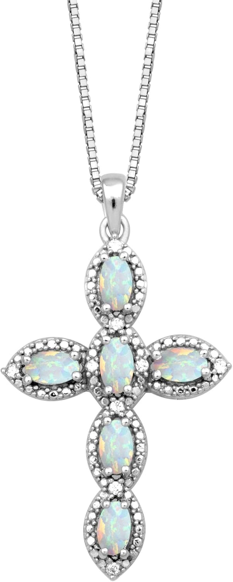Cross Pendant Necklace in Sterling Silver with Oval Shape Created Opal or Created Ruby or Created Pink Sapphire and round Created White Sapphire, 18” Box Chain