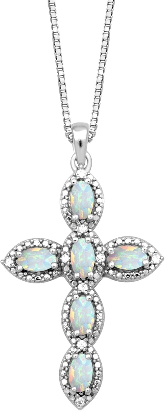Cross Pendant Necklace in Sterling Silver with Oval Shape Created Opal or Created Ruby or Created Pink Sapphire and round Created White Sapphire, 18” Box Chain