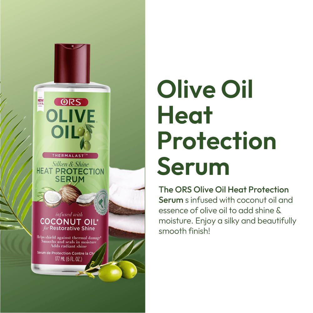 Olive Oil Heat Protection Hair Serum Infused with Coconut Oil for Restorative Shine - 6 Ounces (Pack of 1)