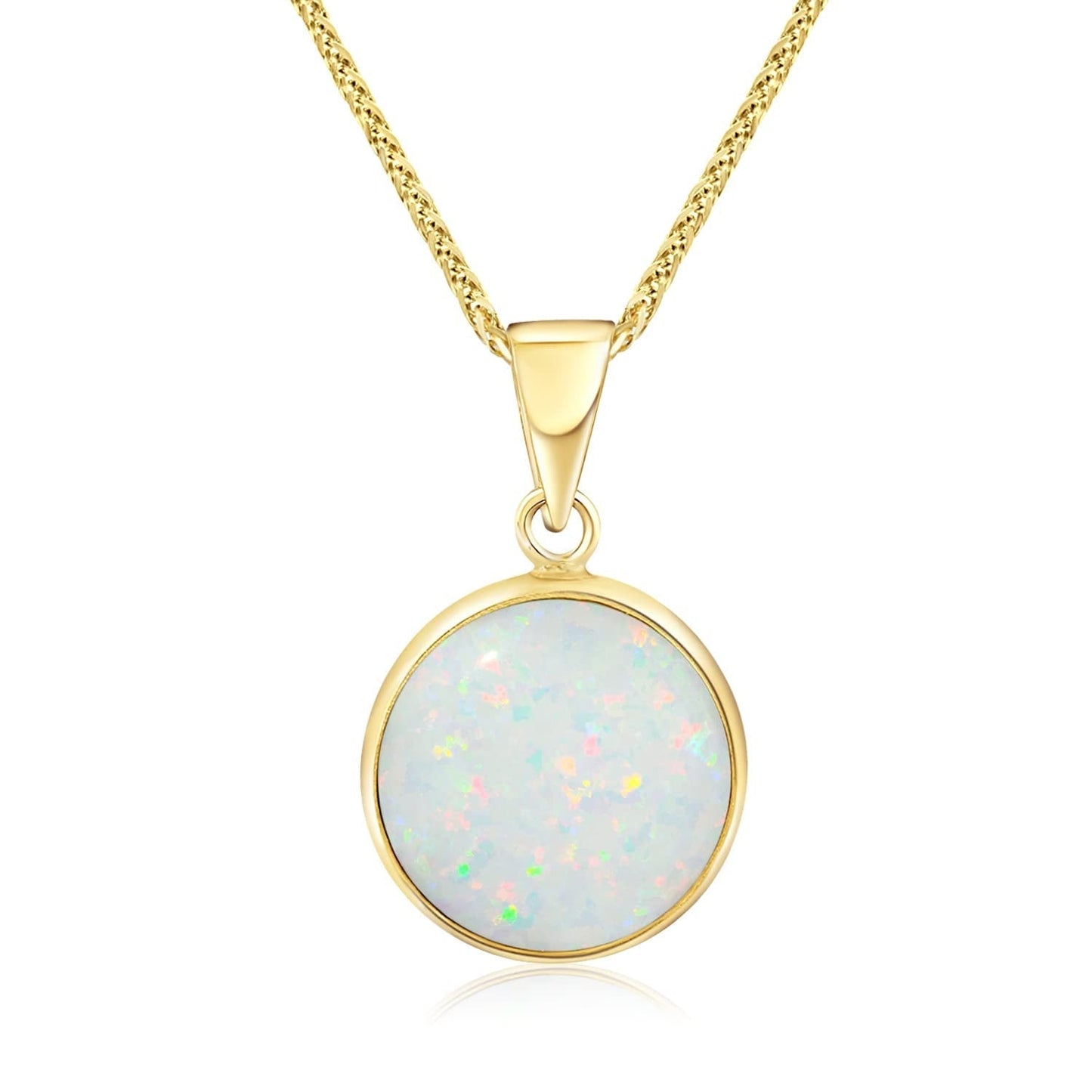 14K Gold White Opal Necklace - 14K Solid Yellow Gold Dainty Necklace with October Birthstone Pendant, 12Mm Large Size Opal Gemstone - Handmade Bridal Wedding Jewelry for Brides & Classy Women