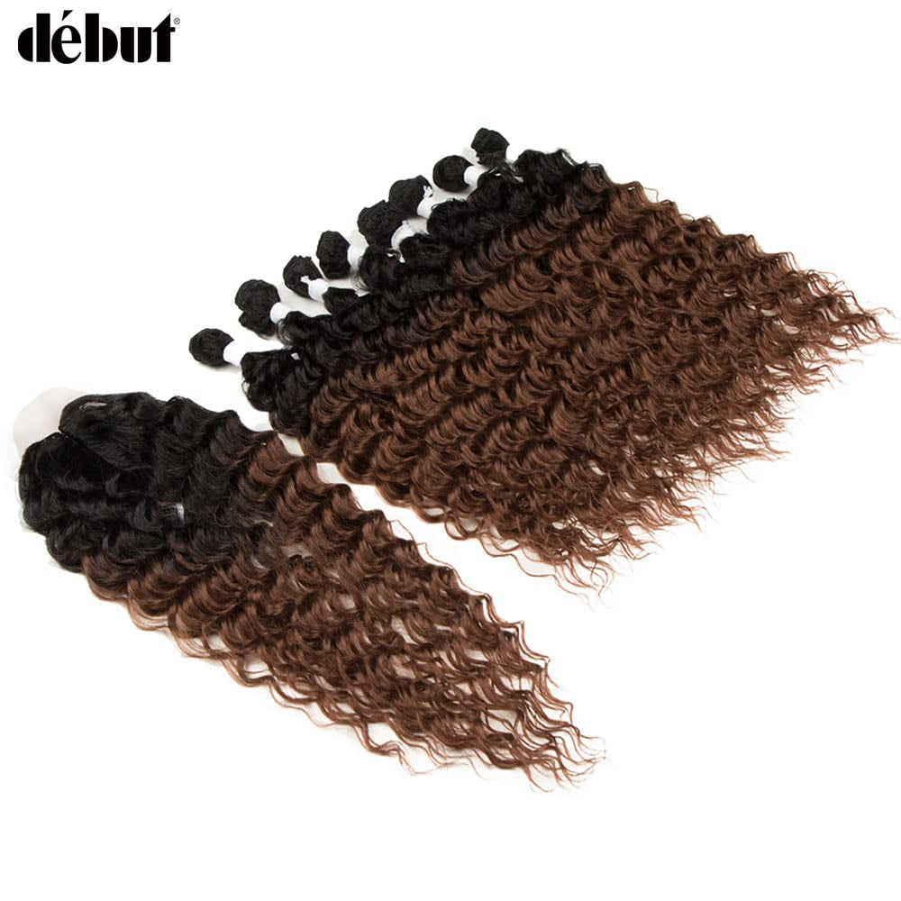Water Wave 8 Bundles with Simple Closure Wavy Synthetic High Temperature Fiber Hair Weave 9PCS 20 Inch 240G (TT1B/30: Dark Roots Mixed Brown Color)