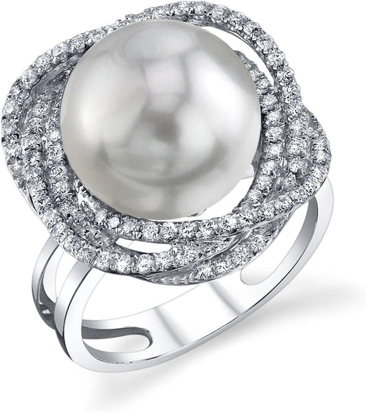 18K Gold 12-13Mm round Genuine White South Sea Cultured Pearl & Diamond Braided Ring for Women