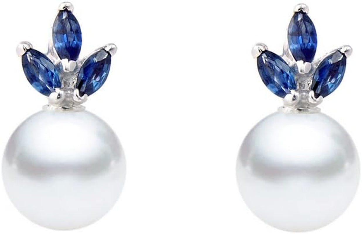 14K White Gold AAAA Quality Japanese Akoya Cultured Pearl Blue Sapphire Earrings for Women - - WORLD TIME VISITS