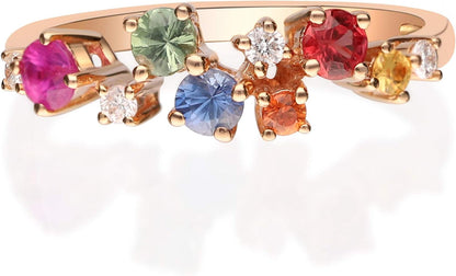10K Yellow Gold Multi Sapphire, Ruby and Tsavorite Ring with Diamonds for Women | Ethically, Authentically & Organically Sourced (Round-Cut) Shaped Sapphire Hand-Crafted Jewelry for Her | Sapphire Ring for Women
