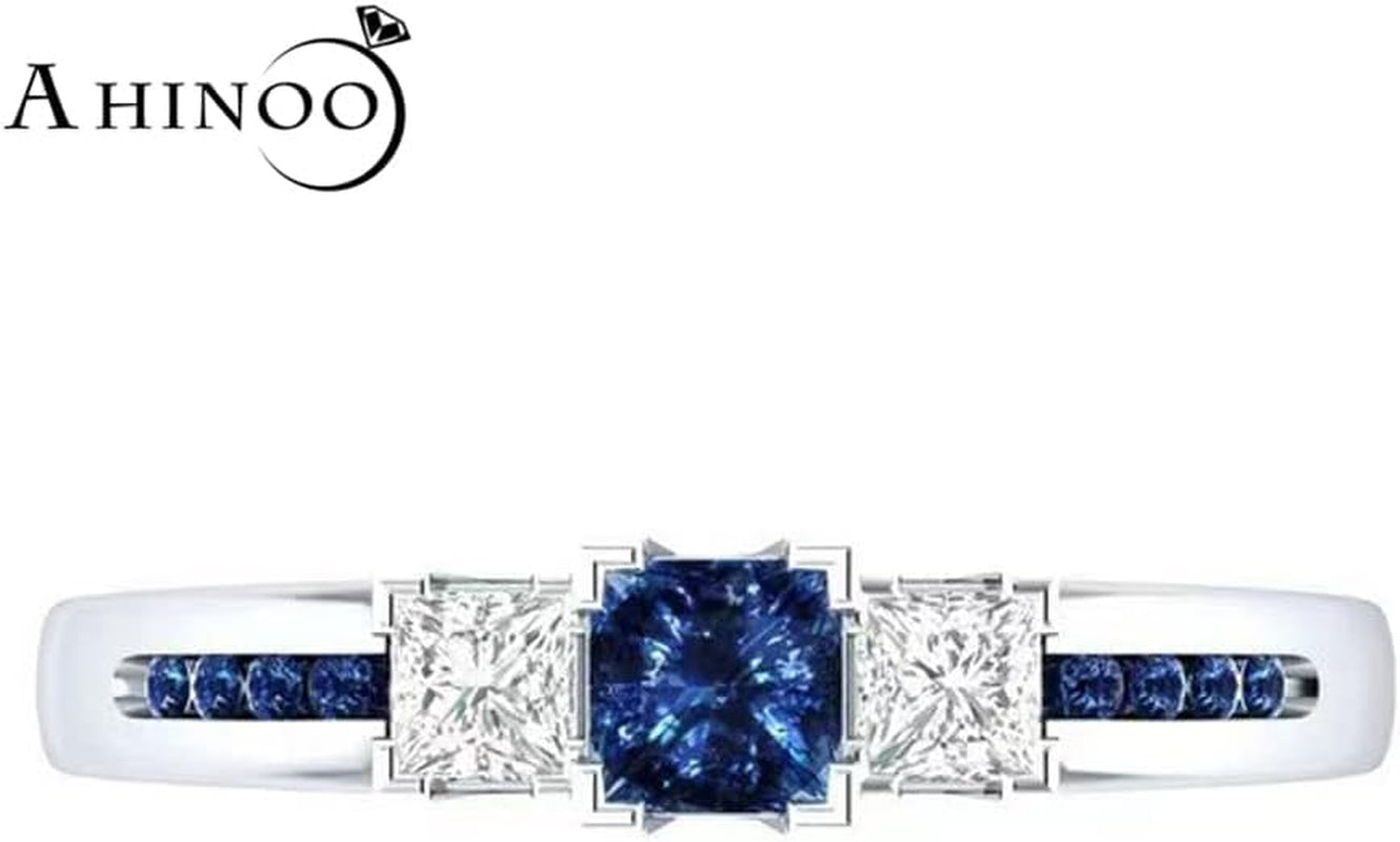 925 Sterling Silver Fashion Natural Ruby Sapphire Ring Square Perfect Cut 3-Stone Rainbow Cubic Zirconia Rings CZ Eternity Engagement Wedding Band Ring for Women