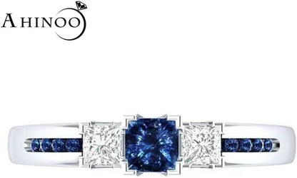 925 Sterling Silver Fashion Natural Ruby Sapphire Ring Square Perfect Cut 3-Stone Rainbow Cubic Zirconia Rings CZ Eternity Engagement Wedding Band Ring for Women