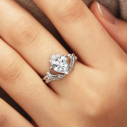 Claddagh White Sapphire Heart Punk Skeleton Hands Diamond Promise Proposal Engagement Wedding Band Rings Size 5 - 12