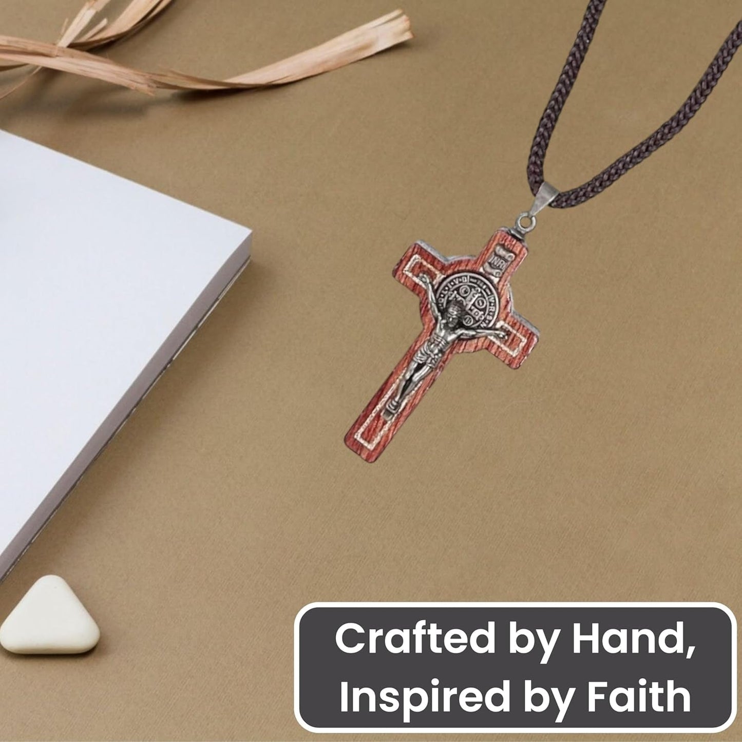 Saint Benedict Medal Wood Crucifix Cord Necklace for Men & Women – Handcrafted Religious Pendant, Healing, Travel Protection, Perfect for Gifting on Special Occasions, Made in Brazil