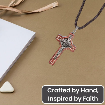 Saint Benedict Medal Wood Crucifix Cord Necklace for Men & Women – Handcrafted Religious Pendant, Healing, Travel Protection, Perfect for Gifting on Special Occasions, Made in Brazil