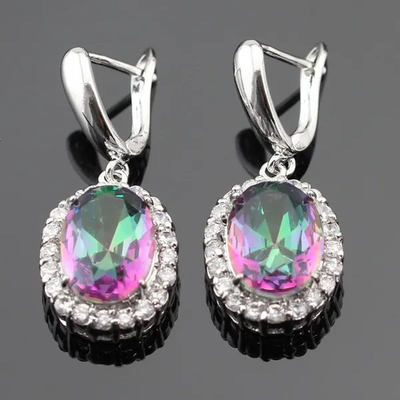 Huge round 925 Sterling Silver Jewelry Sets Multicolor Rainbow Topaz White Topaz Necklace Pendant Drop Earrings Ring for Women Free Gift Box
