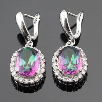 Huge round 925 Sterling Silver Jewelry Sets Multicolor Rainbow Topaz White Topaz Necklace Pendant Drop Earrings Ring for Women Free Gift Box