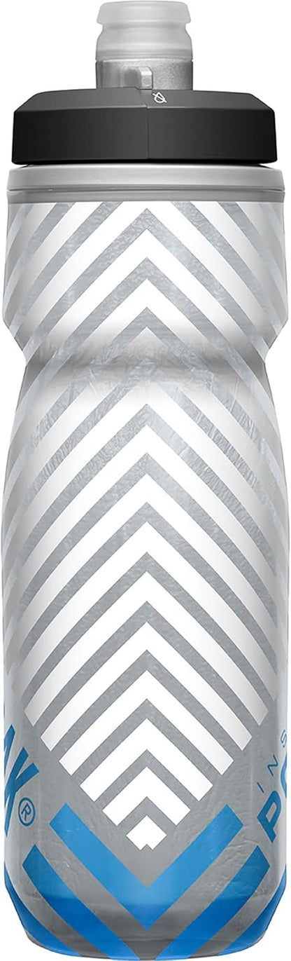 Podium Chill Insulated Bike Water Bottle - Easy Squeeze Bottle - Fits Most Bike Cages - 21Oz, Grey Blue Stripe