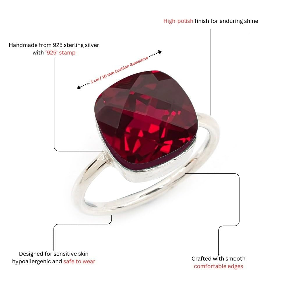 Solid 925 Sterling Silver Ring for Womens Ruby Ring Sterling Silver Wedding Ring July Birthstone Checkerboard Cushion Gemstone Ring