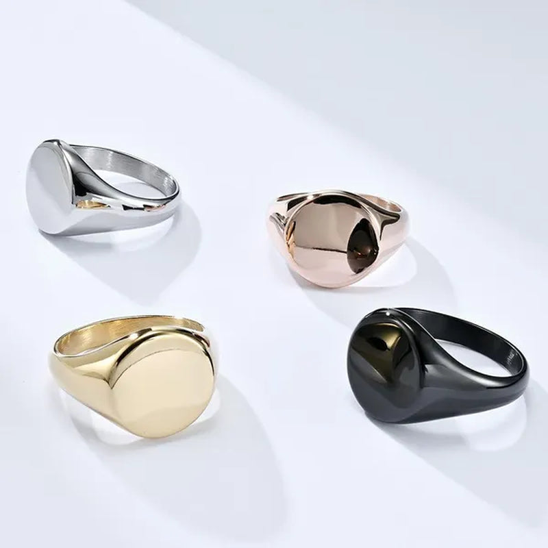 Simple Plain High Polish Flat round Signet Stamp Ring for Women Men 316L Stainless Steel Punk Rock Cool Rings Comfort Fit Band Size 7-12 Silver / Black / Gold / Rose Gold