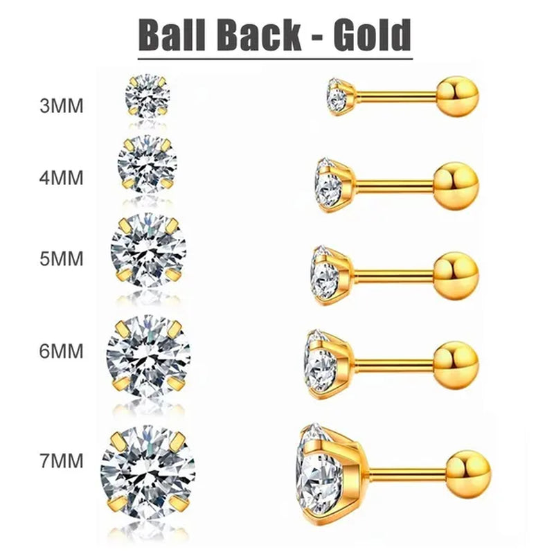 5 Pairs/Set Stainless Steel Mens Womens Stud Earrings Set round Cubic Zirconia Flat Back Earrings Piercing Ear Cartilage Hypoallergenic Men'S Earrings 3-7Mm