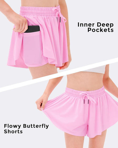 Girls Flowy Shorts with Pockets Athletic Running Skirt High Waist Butterfly 2 in 1 Sports Short 5-16 Years