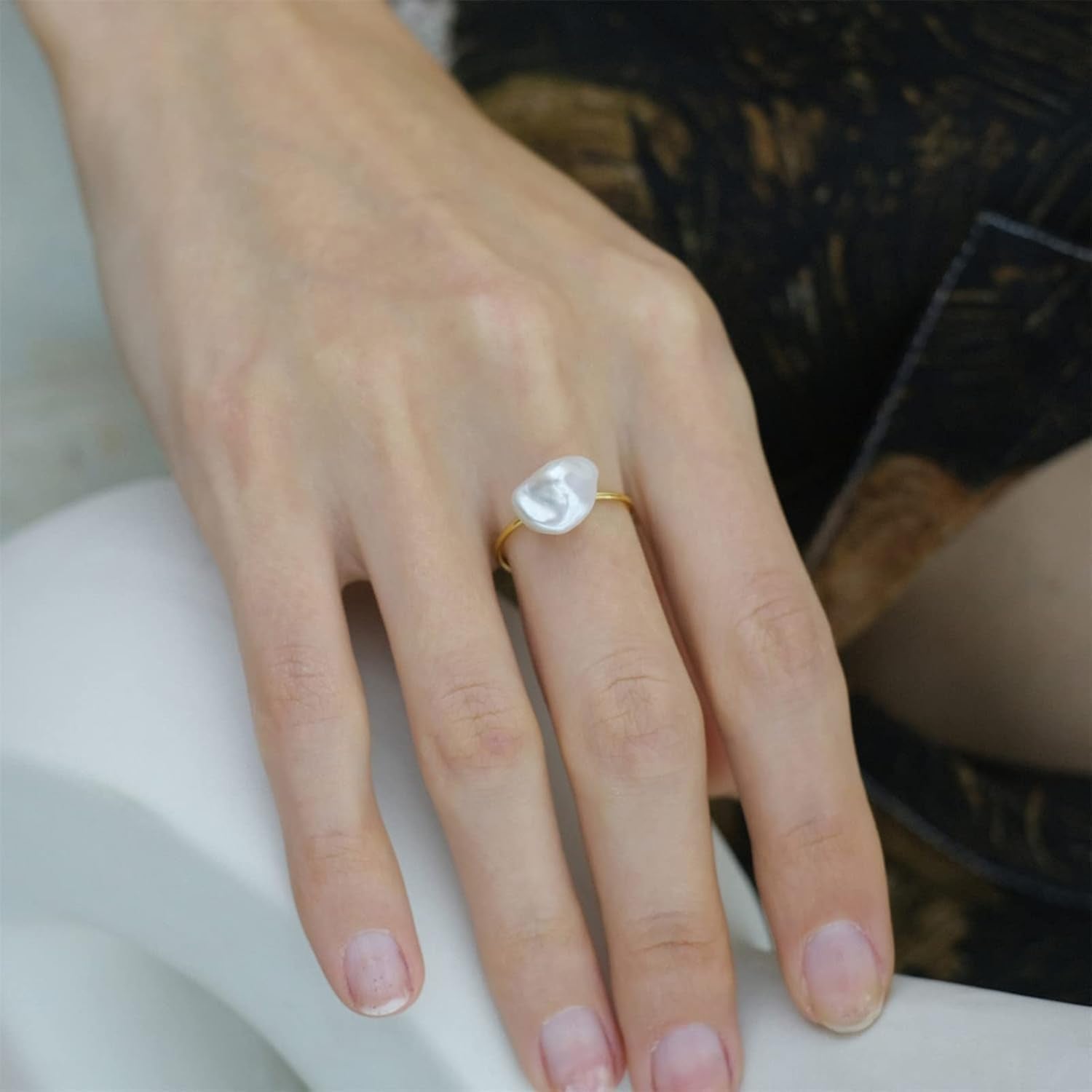 Natural Freshwater Baroque Pearl Ring for Women, Dainty Minimalist Adjustable Rings Band Gold Pearl Charm Ring Jewelry Anniversary Gift for Mom Lover Her (14K Gold Plated) - WORLD TIME VISITS
