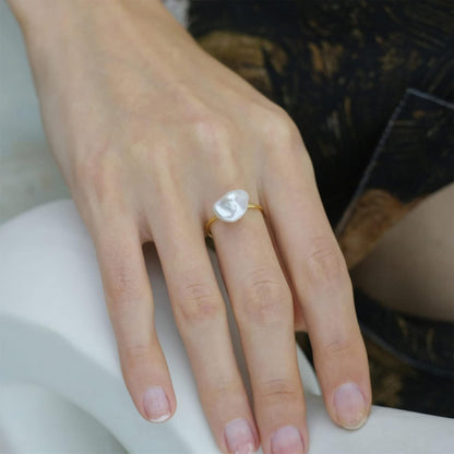 Natural Freshwater Baroque Pearl Ring for Women, Dainty Minimalist Adjustable Rings Band Gold Pearl Charm Ring Jewelry Anniversary Gift for Mom Lover Her (14K Gold Plated) - WORLD TIME VISITS