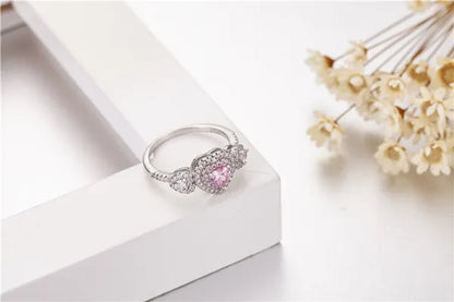 Brand Jewelry 925 Sterling Silver Rings Finger Heart Pink 2Ct Sona Diamond Pave Setting CZ 2 Surround Wedding Ring for Women