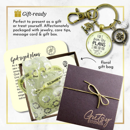 Graduate for I Know Plans Womens Keychain Boho Bronze Faith Jewelry Gift Key Ring - Handmade Pendant Religious Verse Jeremiah 2911 Graduation Tassel Cap Charm & Bead, Ready to Gift Message Card & Box
