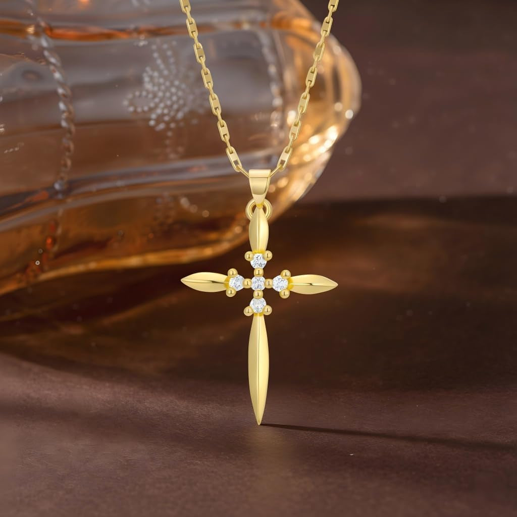 Gold Cross Necklace for Women Dainty 14K Gold Cross Floral Pendant Elegant Christian Religious Jewelry Gift for Mom Wife Daughter