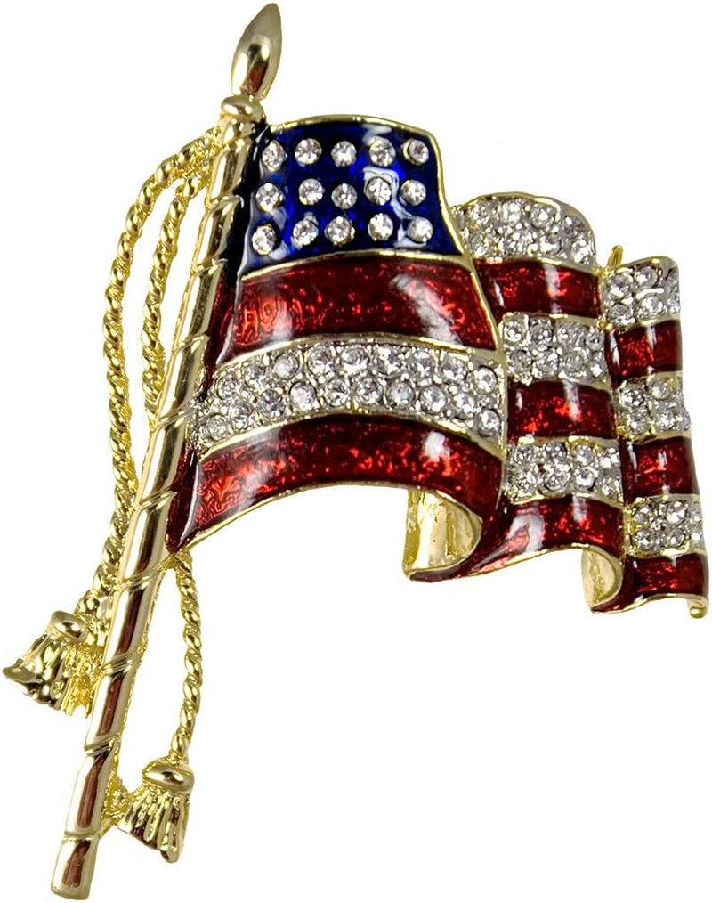 Elegant Waving American Flag Pin/Brooch, Approx. 2", Pin Back with Safety Lock. Gold-Plate with Red and Blue Enamel Background and Diamond-Like Crystals. - WORLD TIME VISITS