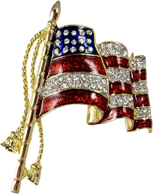 Elegant Waving American Flag Pin/Brooch, Approx. 2", Pin Back with Safety Lock. Gold-Plate with Red and Blue Enamel Background and Diamond-Like Crystals. - WORLD TIME VISITS