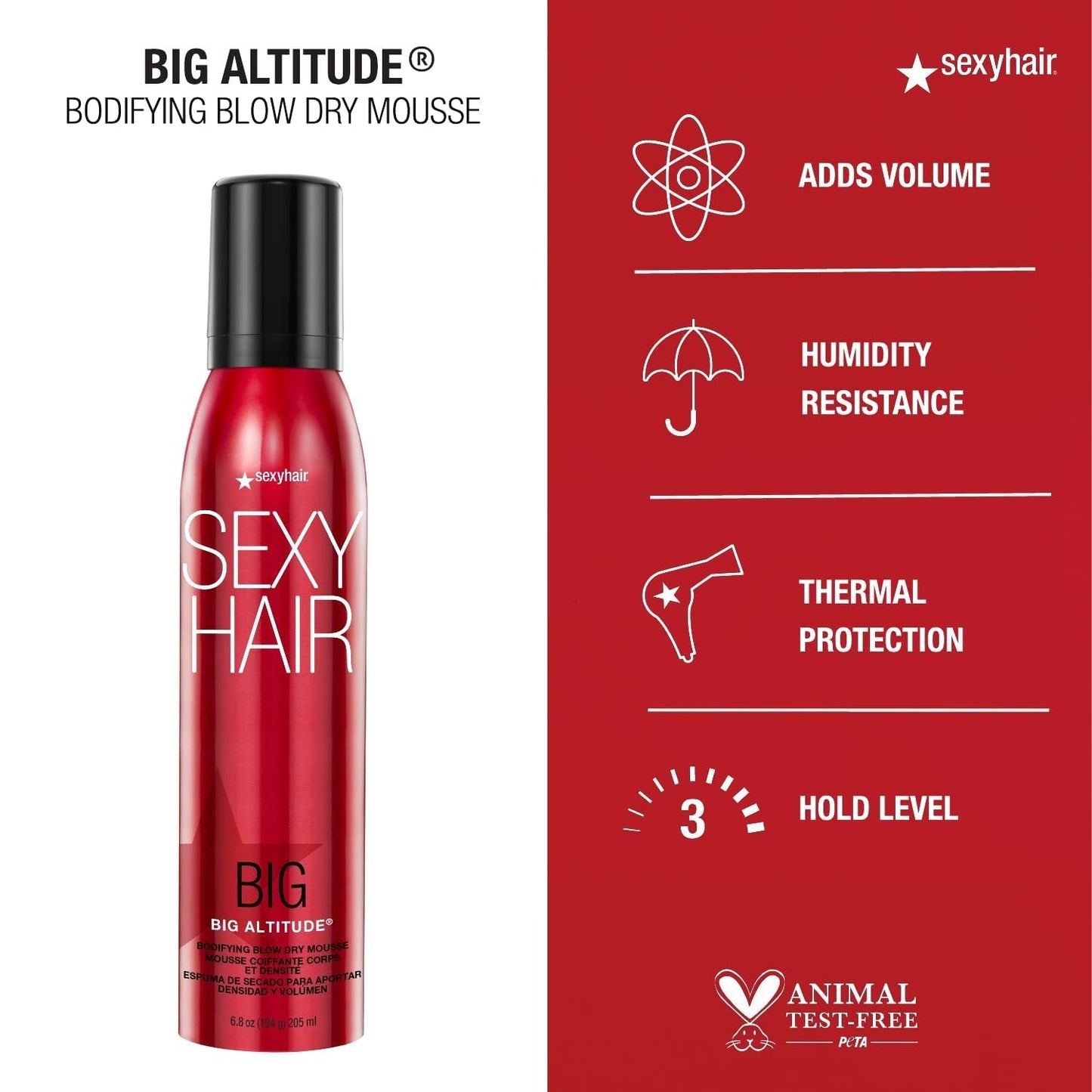Big Altitude Bodifying Blow Dry Mousse, 6.8 Oz | Volume with Hold | up to 72 Hours Humidity Resistance | Thermal Protection