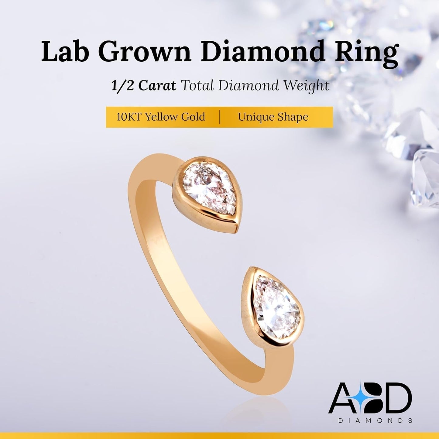 10KT Yellow Gold Double Pear Lab-Grown Diamond Ring for Women, Fine Diamond Jewelry, Engagement, Gifts for Her, H,I Color, VS Clarity, 0.5 Carats