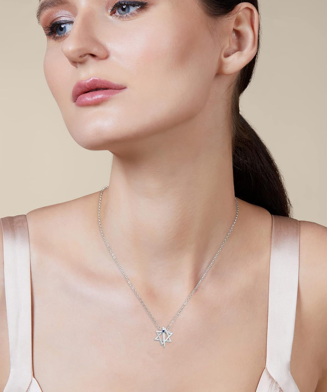 0.25 CT. T.W. Star of David Cross Pendant for Women 925 Sterling Silver Blue Sapphire 14K White Gold Plated Necklace (With 18" Silver Chain)