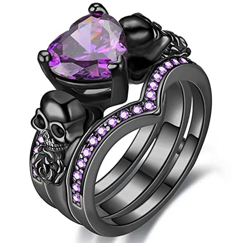 Gothic Skull Black Rings Set Women Rose Flower Red Purple Heart Love Zircon Crystal Christmas Anniversary Jewelry