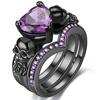 Gothic Skull Black Rings Set Women Rose Flower Red Purple Heart Love Zircon Crystal Christmas Anniversary Jewelry