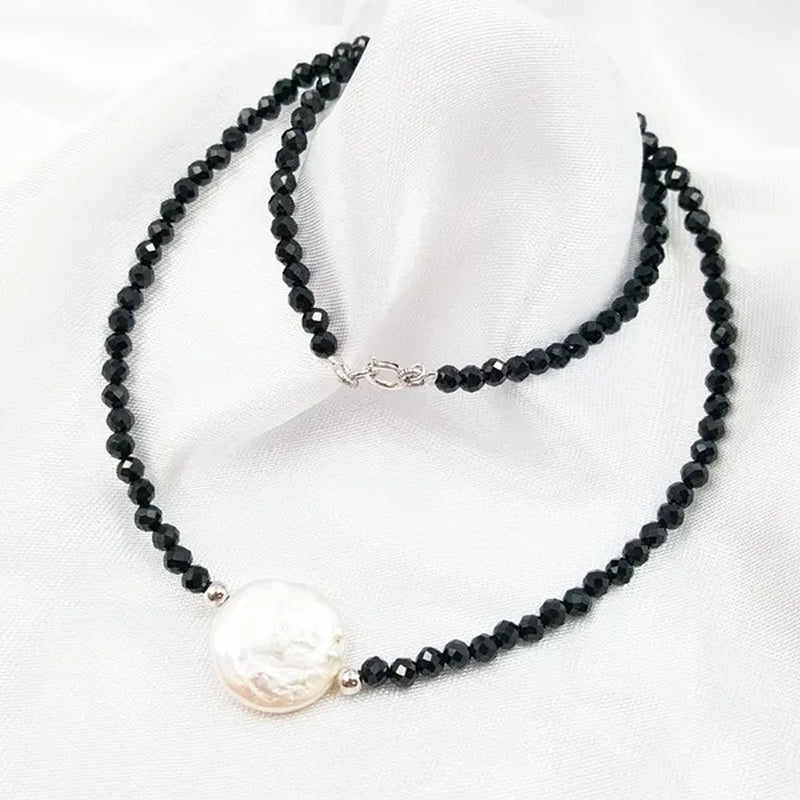 Natural Black Spinels 2-3MM Coin Freshwater Pearl 925 Sterling silver clasp Necklace 40-45CM - WORLD TIME VISITS