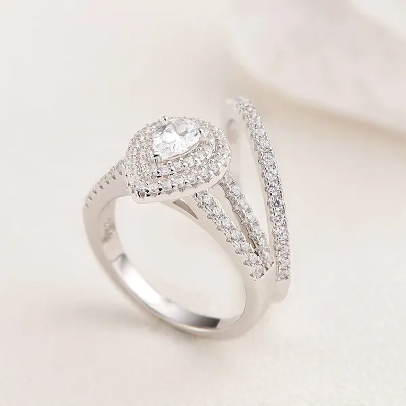 Newshe 2Pcs Wedding Ring Set Classic Jewelry Pear Shape 1.2 Carats AAAAA CZ 925 Sterling Silver Teardrop Engagement Rings for Women Size 5-12