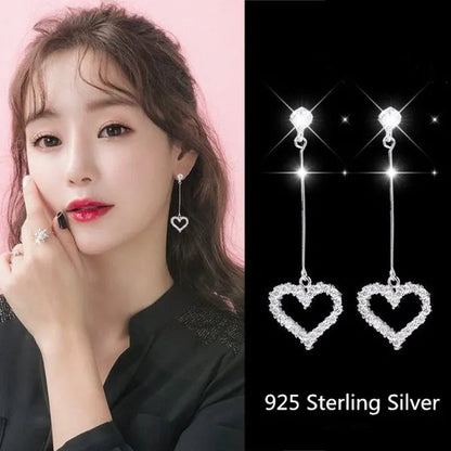 New Exquisite Korean Women'S Fashion Diamond Long Tassel Heart-Shaped Pendant Earrings Jewelry Gift
