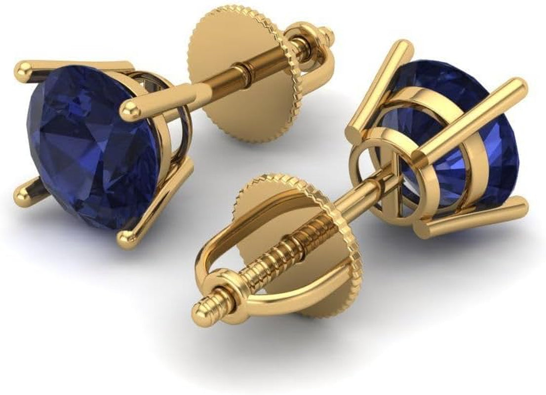 1.0 Ct Brilliant round Cut Solitaire VVS1 Simulated Blue Sapphire Pair of Stud Earrings Solid 18K Yellow Gold Screw Back