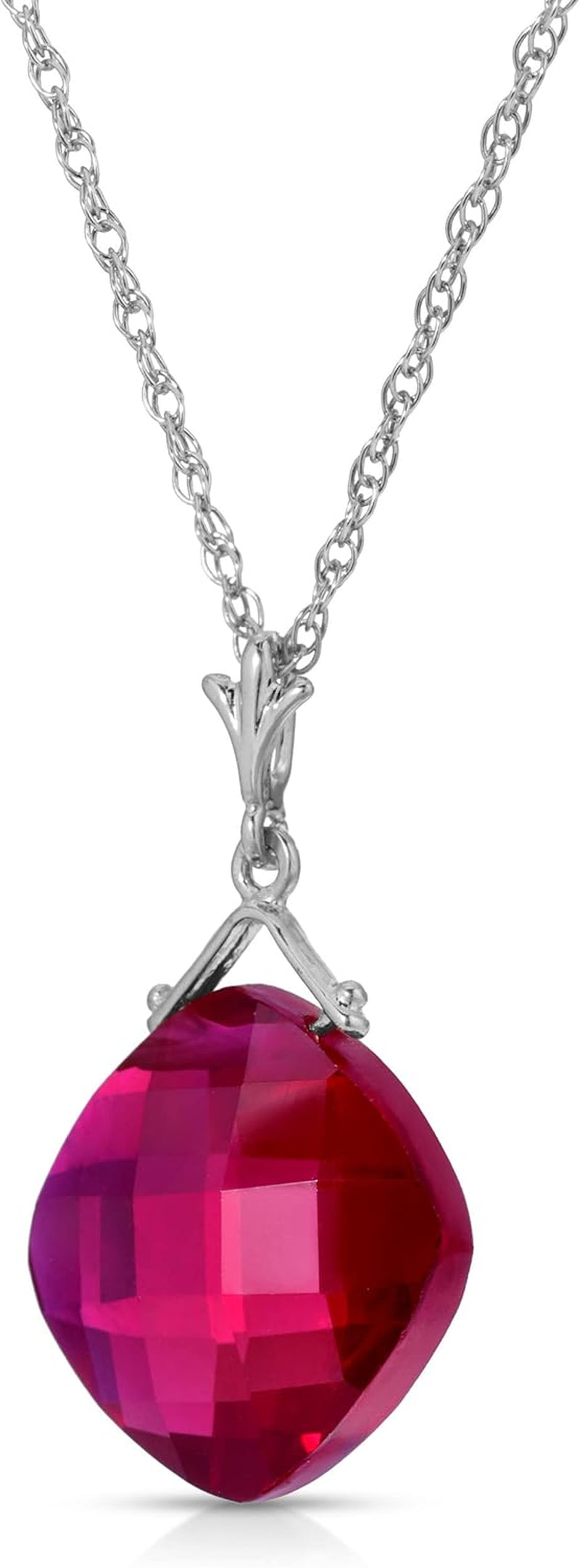 14K Solid White Gold Necklace with Lab. Grown Cushion Shape Briolette Checkerboard Cut Ruby Grade AAA