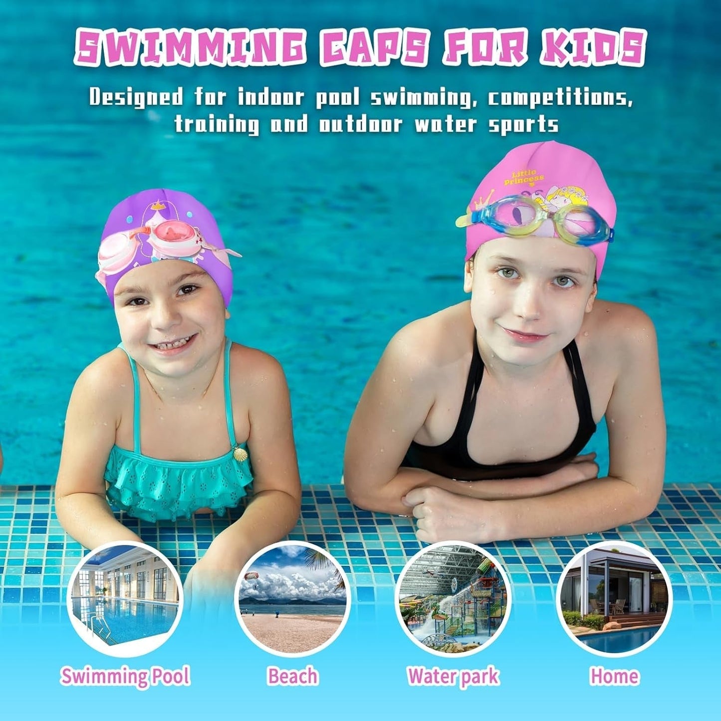 2 Pack Swim Cap for Kids Girl Boys Youth, Waterproof Swimming Cap for Long and Short Hair, Durable Silicone Bathing Cap with Storage Bag
