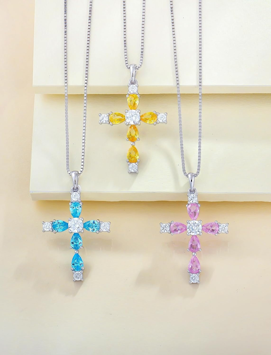 Cross Necklace for Women 925 Sterling Silver Halo Gemstone Pendant Birthstone Religious Jewelry for Mom