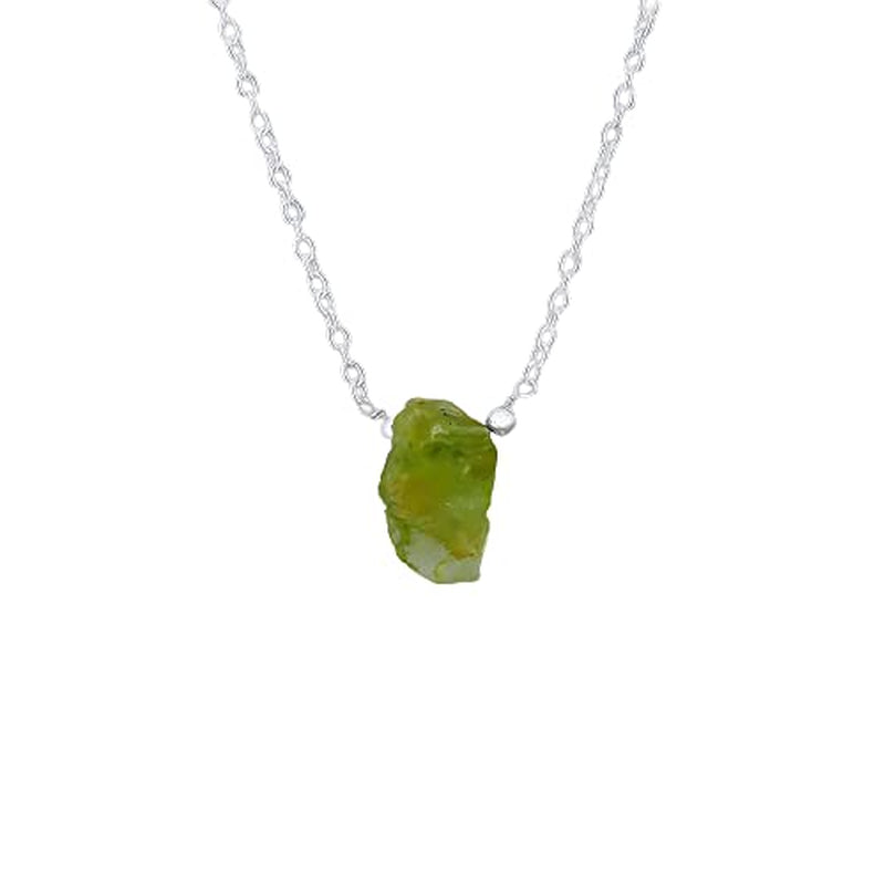 Gempires Raw Peridot Pendant Necklace, Peridot Crystal Pendant 10-14 Mm, August Birthstone Jewelry for Women, 16 + 2 Inch Silver Plated Adjustable Chain