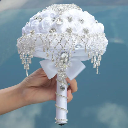 18CM Luxury Crystal Brooch Bridesmaid Bridal Bouquet Rhinestone Tassel White Silk Rose Wedding Flower Bouquet Ribbon Artificial Flower Wedding Supplies