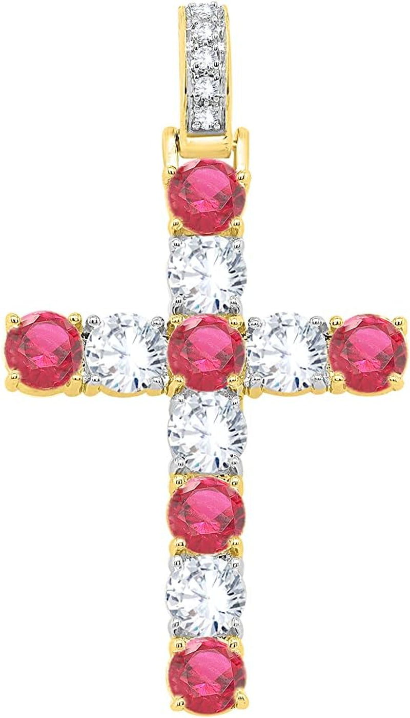 3.2MM round Cut Ruby & Natural Diamond Cross Pendant Necklace for Women in 14K Yellow Gold Plated (Clarity I2-I3, Color I-J, 0.72 Cttw) (Chain Not Included)