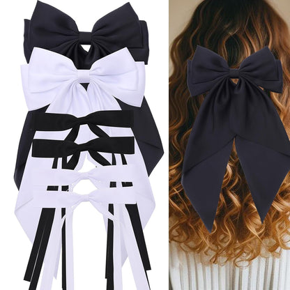 6 PCS Satin Big Hair Bows for Women Hair Ribbons Oversized Long Tail White Black Bow for Hair Bow Large Hair Ribbon Barrettes Metal Clips Bowknot Hair Accessories