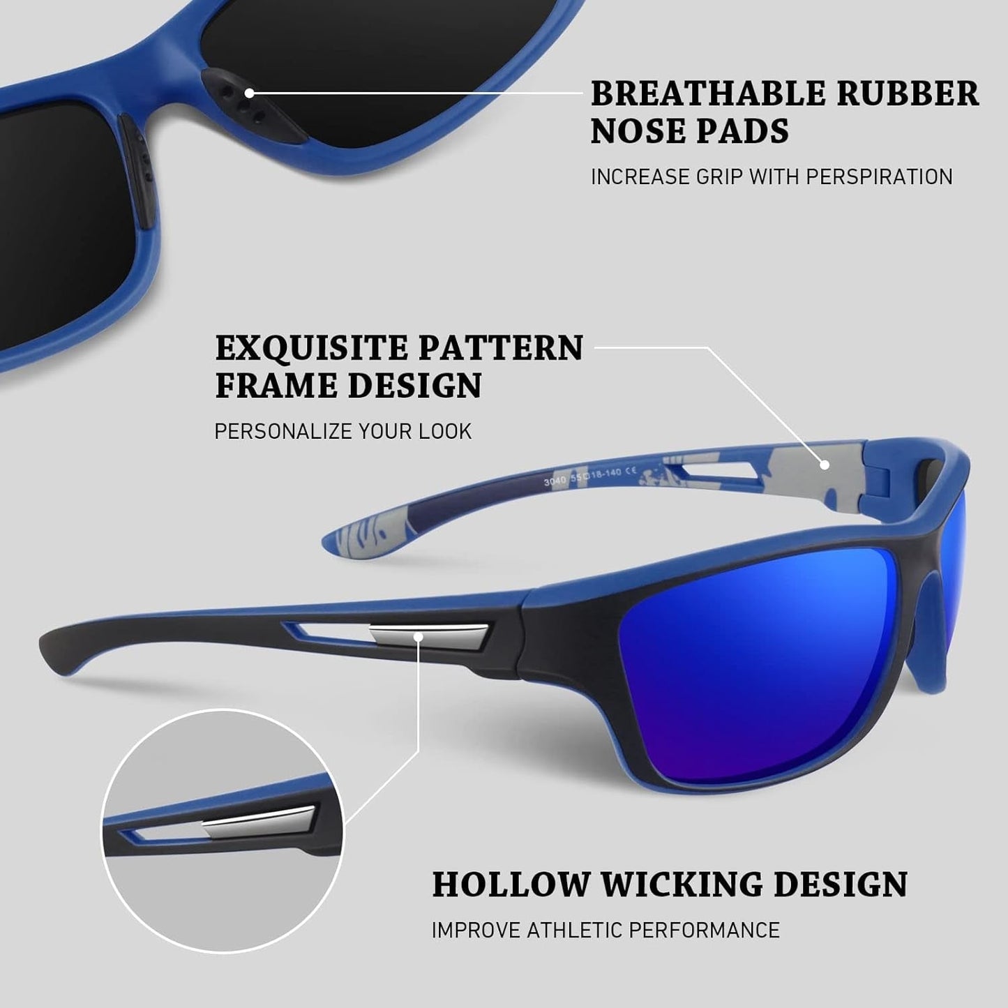 Polarized Sports Sunglasses for Men Women,Fishing Driving Rectangular Goggles UV400 Protection