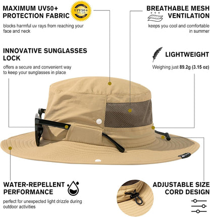 L/XL/XXL UV50+ Waterproof Wide Brim Bucket Sun Hat for Summer Fishing Hiking W/Detachable Strap & Vented Mesh
