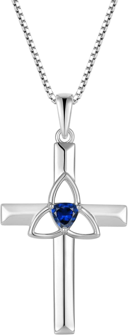 Celtic Cross Necklace 925 Sterling Silver with White Gold Plated Birthstone Pendant Necklaces for Women - WORLD TIME VISITS
