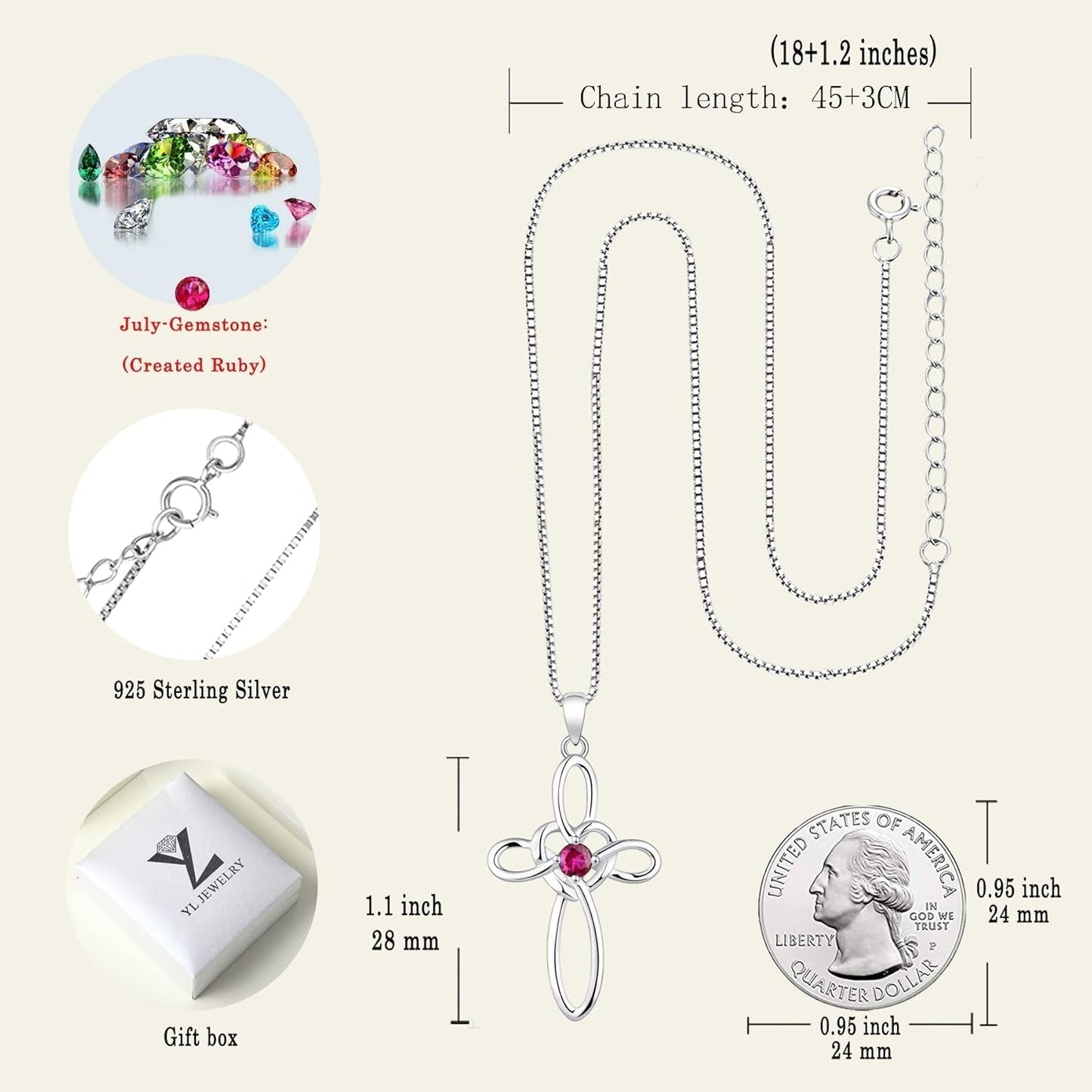 Celtic Knot Cross Necklace Sterling Silver Cubic Zirconia Loop Infinity Pendant Gemstones Crucifix Jewelry